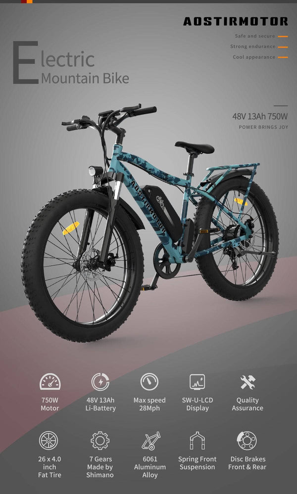 AOSTIRMOTOR Electric Bikes Blue Camoflauge AOSTIRMOTOR S07-F Commuting Electric Bicycle 48V 750W