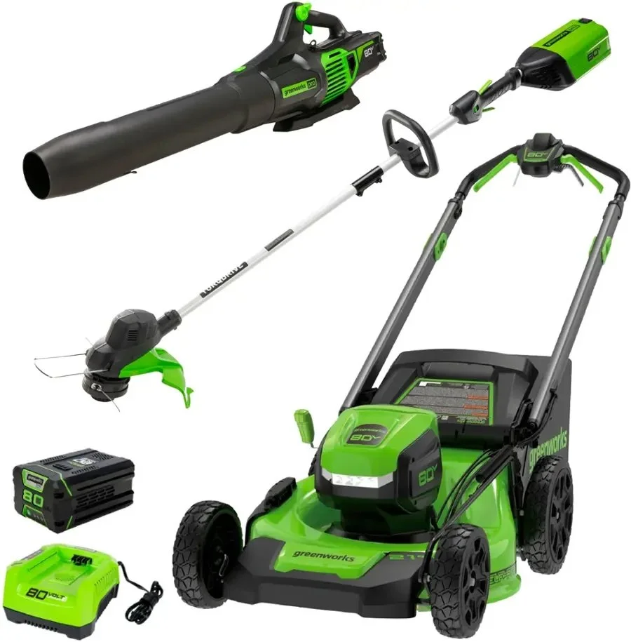Greenworks 80V 21” Lawn Mower, 13” String Trimmer, and 730 Leaf Blowers. Greenworks 80V 21” Lawn Mower, 13” String Trimmer, and 730 Leaf Blowers.