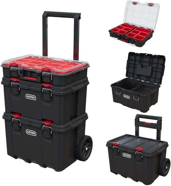 Keter Stack-n-Roll Modular Tools Organizer for Garage Storage and DIY, 3 Piece Resin Rolling Tool Box System for Small Parts, Black Keter Stack-n-Roll Modular Tools Organizer for Garage Storage and DIY, 3 Piece Resin Rolling Tool Box System for Small Parts, Black