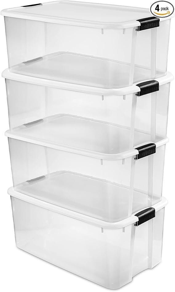 Sterilite 4-Pack Ultra Latching Box, Storage Bins with Lids, Clear Plastic, 116 Quart – Heavy-Duty Organizing Containers for Closet, Bathroom, and Office Sterilite 4-Pack Ultra Latching Box, Storage Bins with Lids, Clear Plastic, 116 Quart – Heavy-Duty Organizing Containers for Closet, Bathroom, and Office