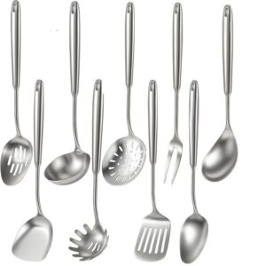 Newness 9 Pcs Cooking Utensils Set, 304 Stainless Steel Kitchen Utensils Set, Metal Kitchen Accessories, Include Soup Ladle, Slotted Skimmer Spoon, Spaghetti Spoon and Spatula, Dishwasher Safe