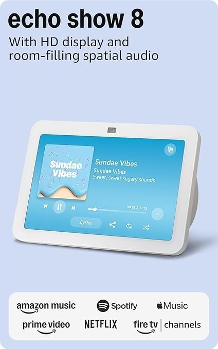 Amazon Echo Show 8, With Spatial Audio, Smart Home Hub, ideal for open living spaces, Designed for Alexa+, Glacier White Amazon Echo Show 8, With Spatial Audio, Smart Home Hub, ideal for open living spaces, Designed for Alexa+, Glacier White
