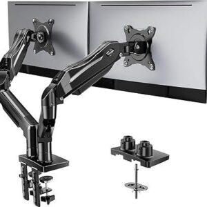 HUANUO FlowLift Dual Monitor Stand, Fully Adjustable Gaming Monitor Desk Mount for 13–32″ Computer Screens, Full Motion VESA 75×75/100×100 with C-Clamp & Grommet Base, Each Arm Holds 4.4 to 19.8 lbs