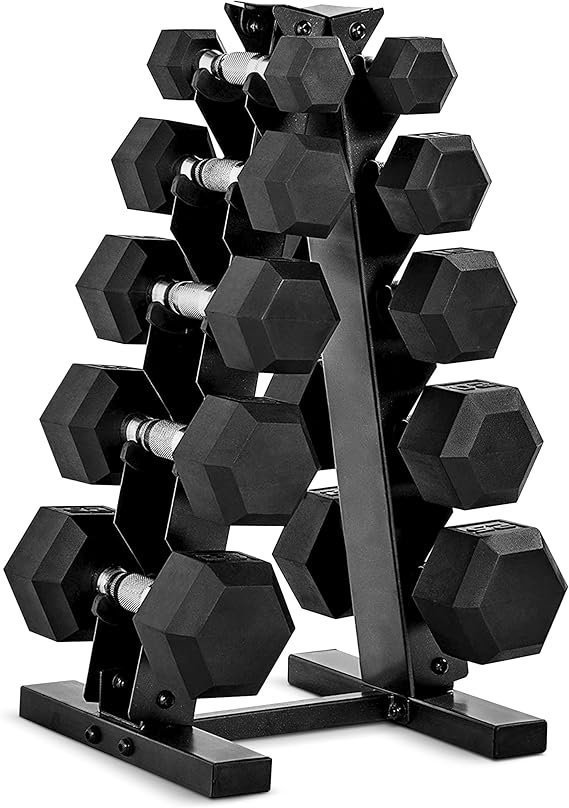 CAP Barbell Rubber Coated Dumbbell Weight Set with Vertical Rack | 100 lb, 150 lb, and 210 lb Options CAP Barbell Rubber Coated Dumbbell Weight Set with Vertical Rack | 100 lb, 150 lb, and 210 lb Options