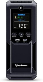CyberPower CP1500AVRLCD3 Intelligent LCD UPS System, 1500VA/900W, 12 Outlets, 2 USB Ports, AVR, Mini Tower, Black
