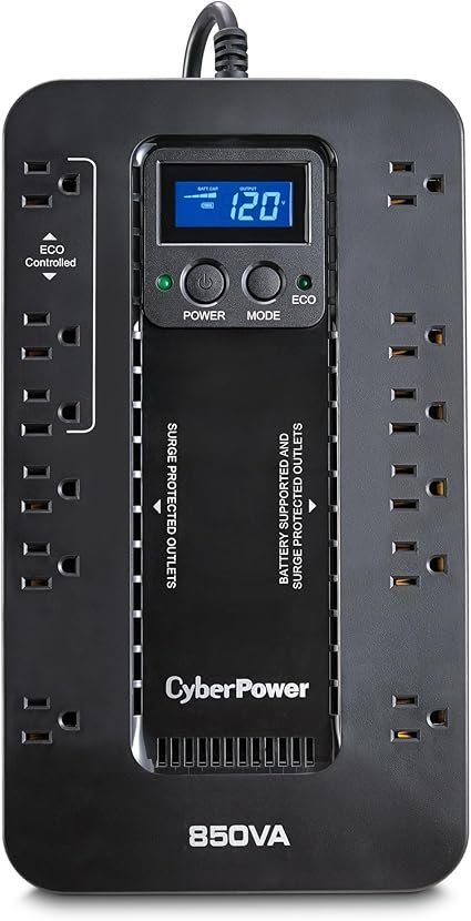 CyberPower EC850LCD Ecologic UPS Battery Backup and Surge Protector, 850VA/510W, 12 Outlets, ECO Mode, Compact, UL Certified CyberPower EC850LCD Ecologic UPS Battery Backup and Surge Protector, 850VA/510W, 12 Outlets, ECO Mode, Compact, UL Certified