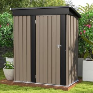 Patiowell 5×3 FT Outdoor Storage Shed, Tool Shed with Sloping Roof and Lockable Door, Metal Shed for Backyard Garden Patio Lawn, Brown