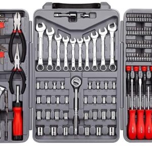 CARTMAN 205 Piece Ratchet Wrench Tool Set 1/4″ & 3/8″ & 1/2″ Drive with SAE/Metric Sockets Kit in Plastic Toolbox