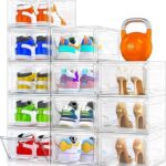 12 Pack Clear Shoe Storage Organizer with Magnetic Door,Stackable Plastic Shoe Boxes for Sneakers,Boots,and Heels,Space-Saving Foldable Shoe Rack for Closet,Durable Shoe Cabinet Organizer,White