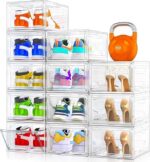 12 Pack Clear Shoe Storage Organizer with Magnetic Door,Stackable Plastic Shoe Boxes for Sneakers,Boots,and Heels,Space-Saving Foldable Shoe Rack for Closet,Durable Shoe Cabinet Organizer,White