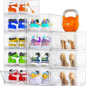 12 Pack Clear Shoe Storage Organizer with Magnetic Door,Stackable Plastic Shoe Boxes for Sneakers,Boots,and Heels,Space-Saving Foldable Shoe Rack for Closet,Durable Shoe Cabinet Organizer,White