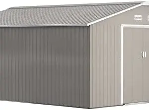 Outsunny 11′ x 13′ Outdoor Storage Shed, Garden Tool Metal Shed with Foundation Kit, Double Lockable Door, Air Vents and Slopings Roofs, for Backyard, Patio, Lawn, Light Grays